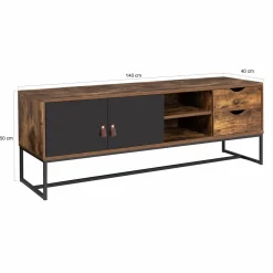 Meuble TV industriel bois et métal 140 cm avec 2 portes et tiroirs