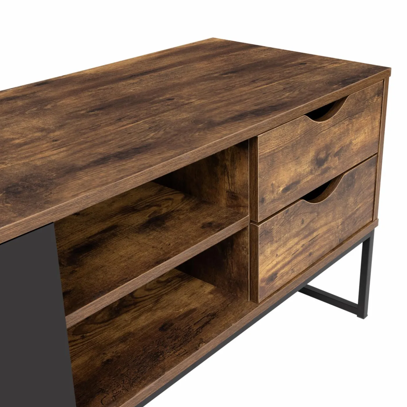 Meuble TV industriel bois et métal 140 cm avec 2 portes et tiroirs