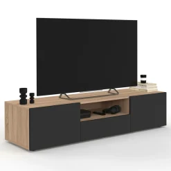 Meuble TV moderne 140cm bois façon hêtre portes noires