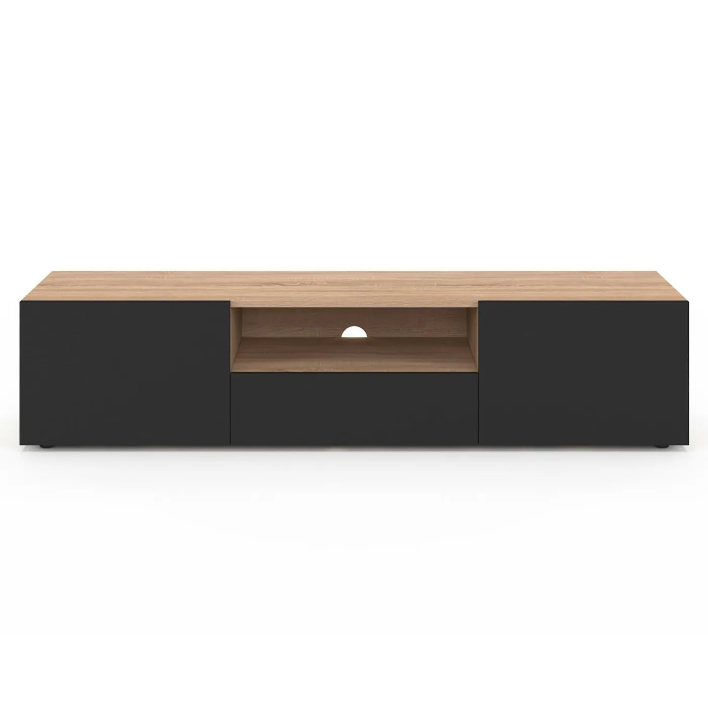 Meuble TV moderne 140cm bois façon hêtre portes noires