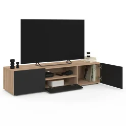 Meuble TV moderne 140cm bois façon hêtre portes noires