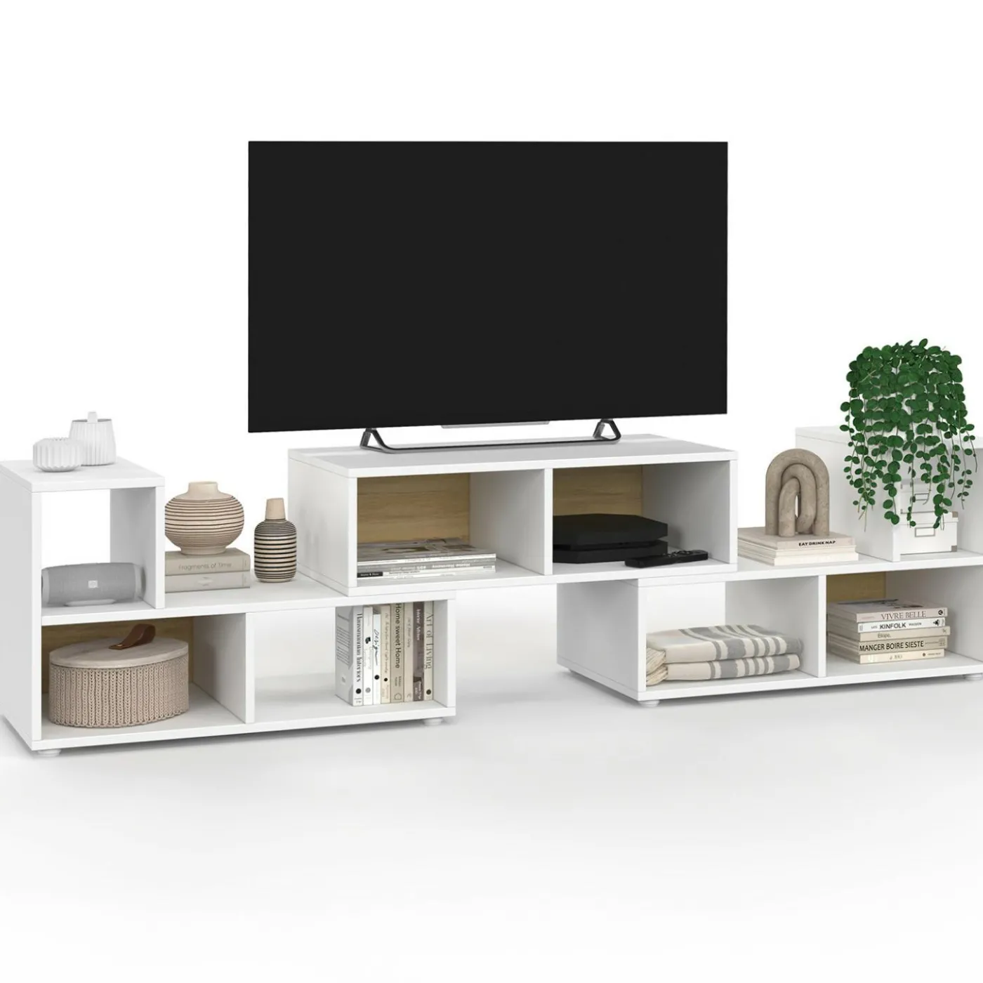 Meuble TV modulable 3 modules multifonction blanc et effet bois