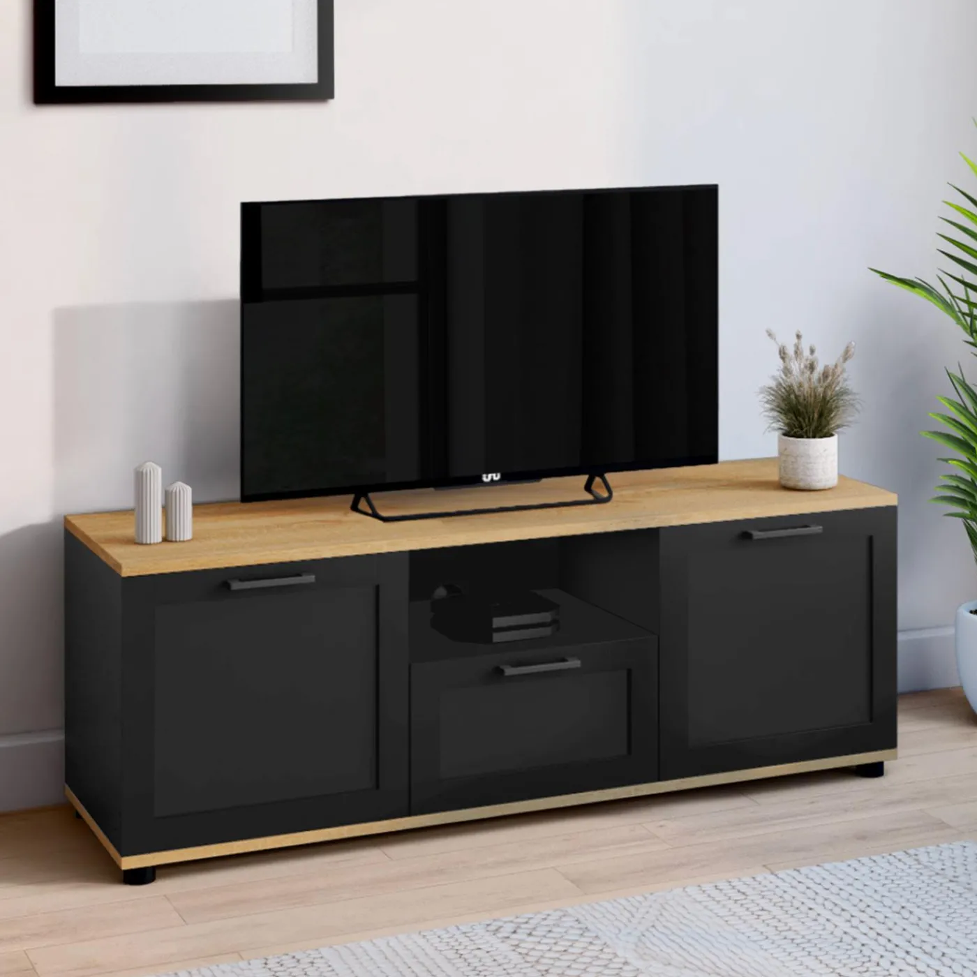 Meuble TV noir et bois 110 cm avec tiroir et niche