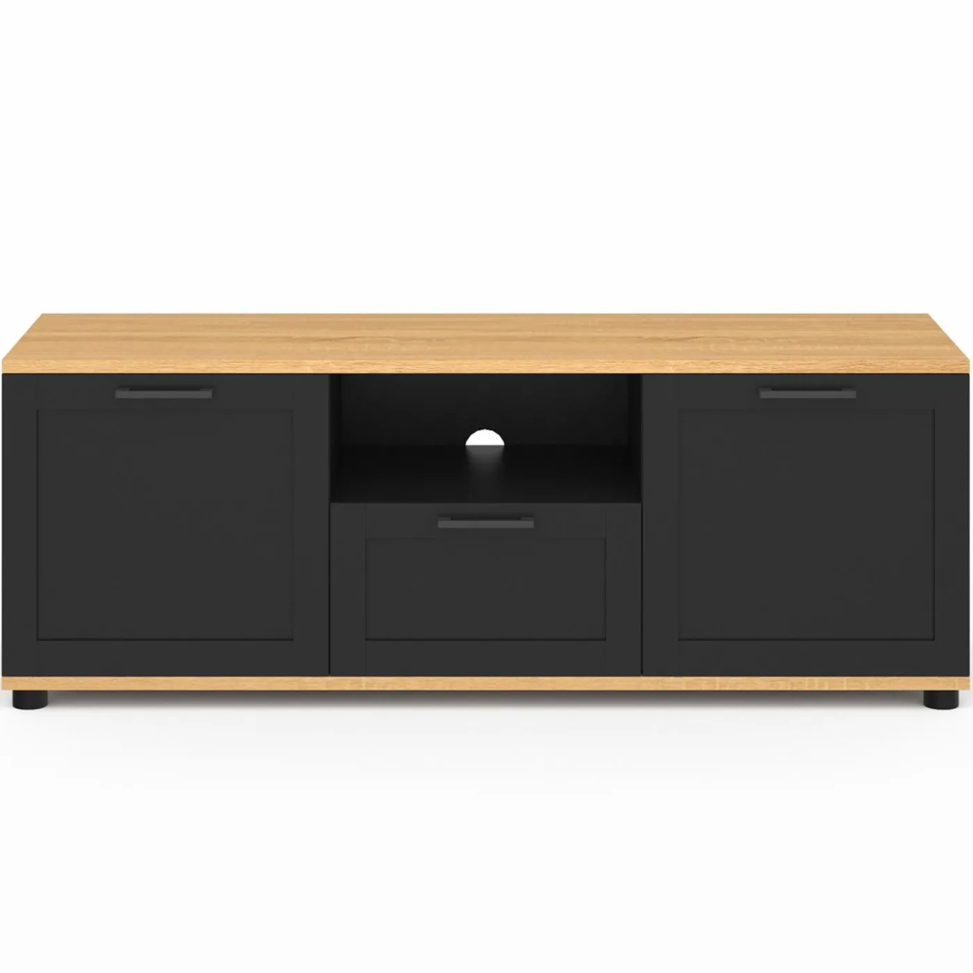 Meuble TV noir et bois 110 cm avec tiroir et niche