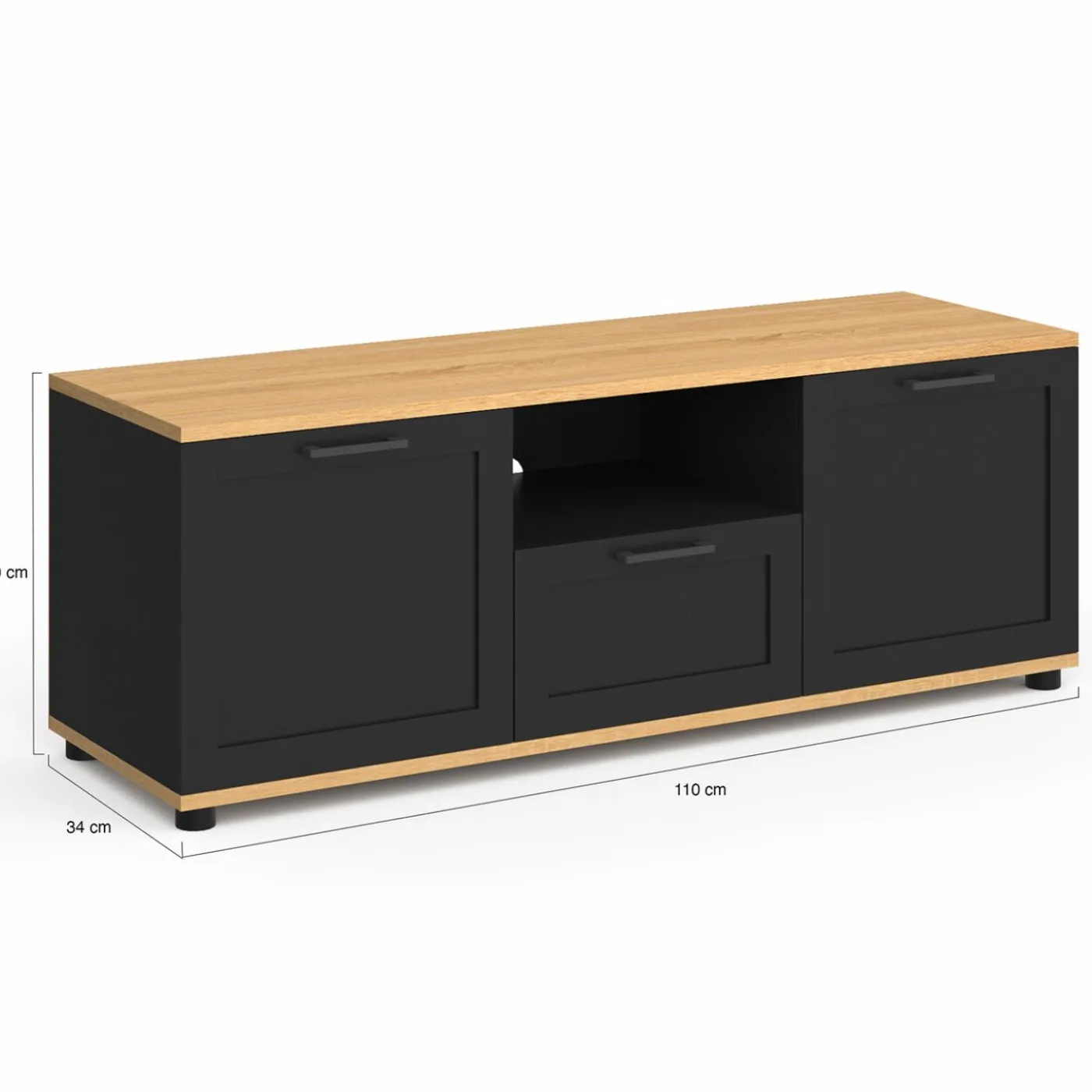 Meuble TV noir et bois 110 cm avec tiroir et niche