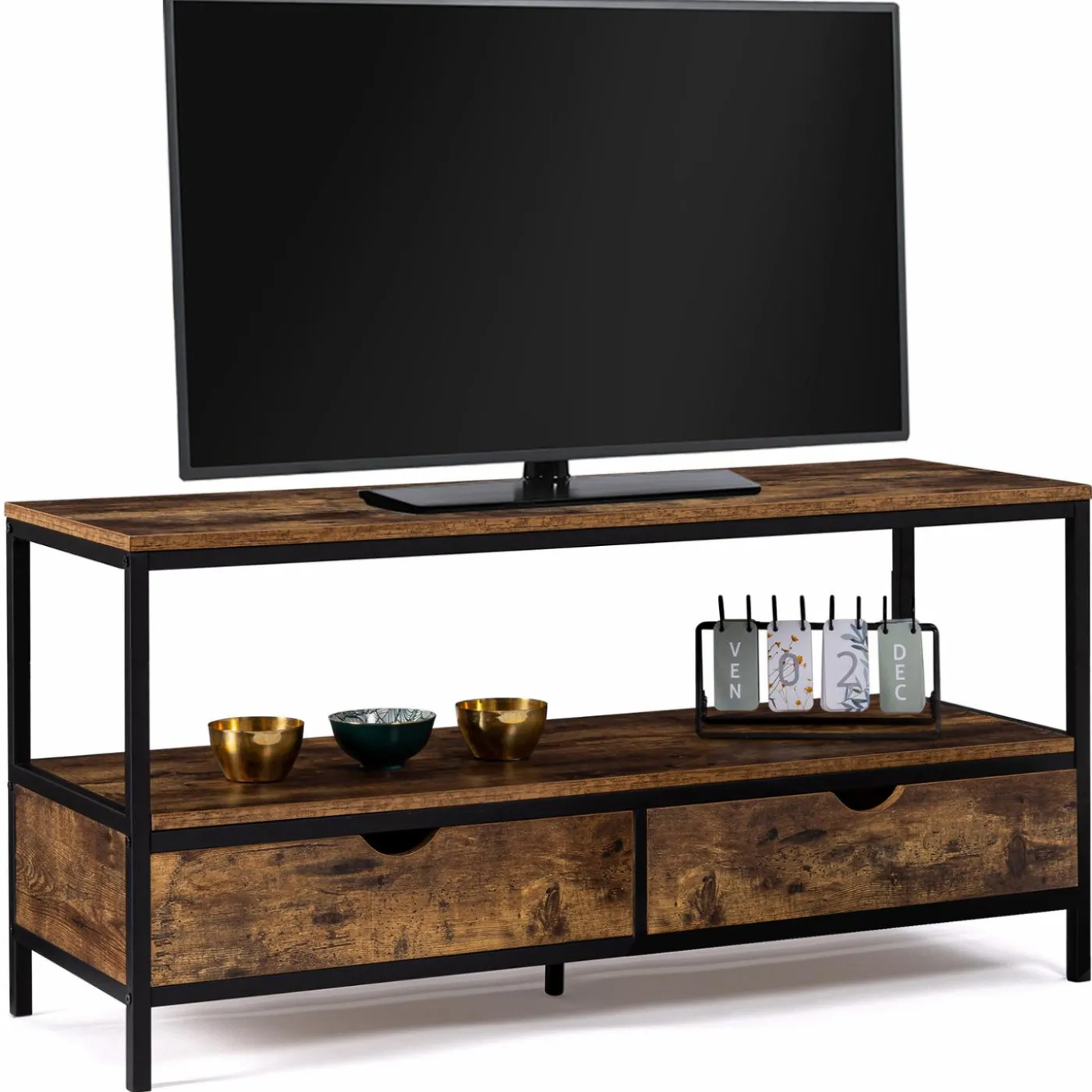 Meuble TV style industriel bois effet vieilli et métal 2 tiroirs