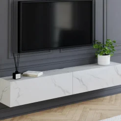 Meuble TV suspendu 2 portes bois effet marbre 180 cm