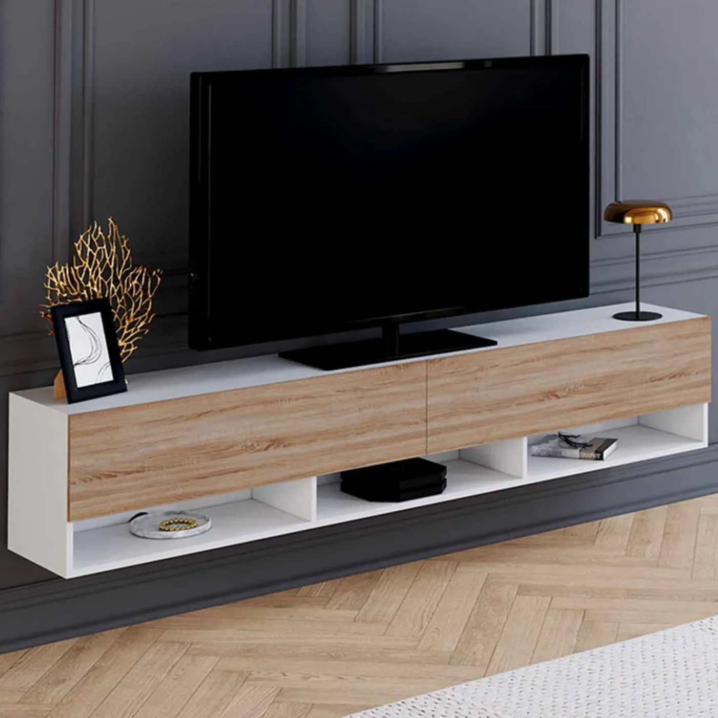 Meuble TV suspendu blanc et bois 180 cm avec étagères