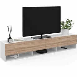 Meuble TV suspendu blanc et bois 180 cm avec étagères