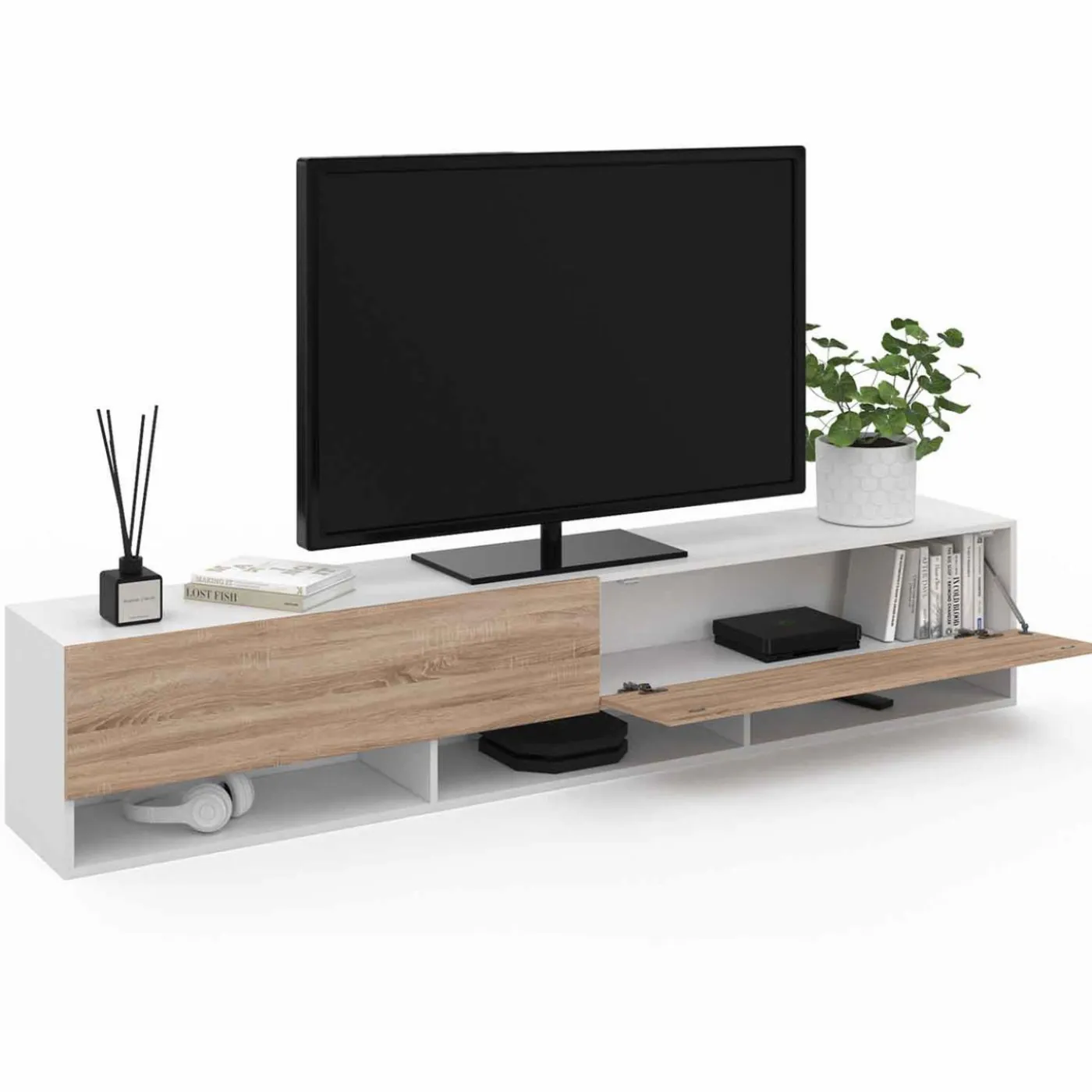 Meuble TV suspendu blanc et bois 180 cm avec étagères