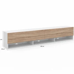 Meuble TV suspendu blanc et bois 180 cm avec étagères