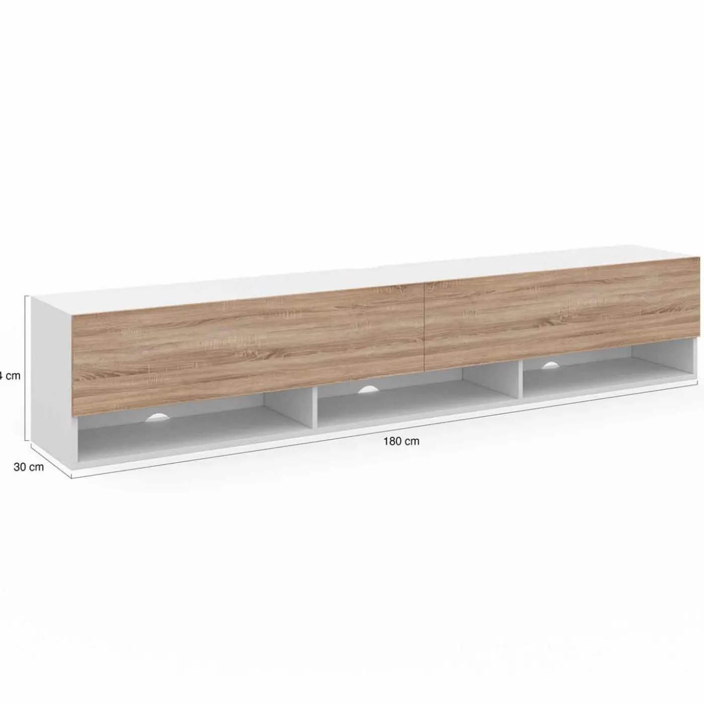 Meuble TV suspendu blanc et bois 180 cm avec étagères