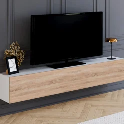 Meuble TV suspendu blanc et bois