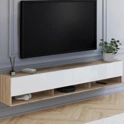 Meuble TV suspendu bois et blanc 180 cm avec étagères