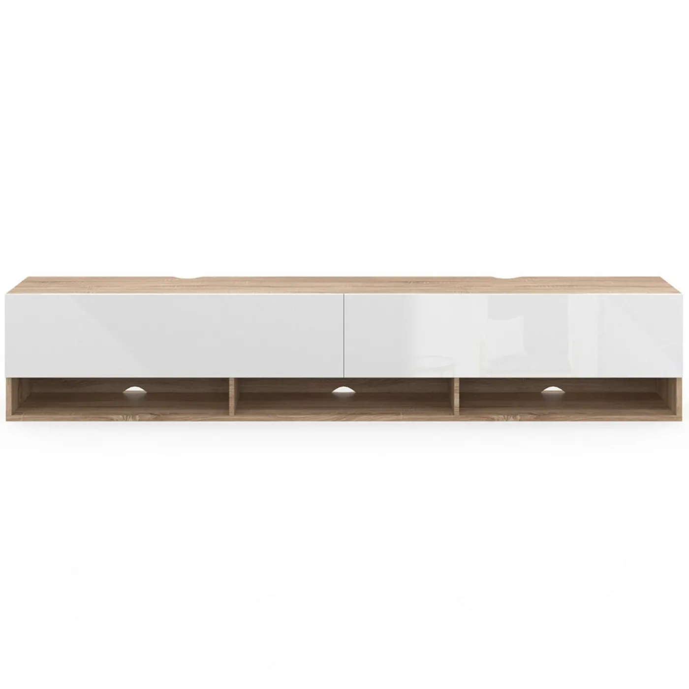 Meuble TV suspendu bois et blanc 180 cm avec étagères