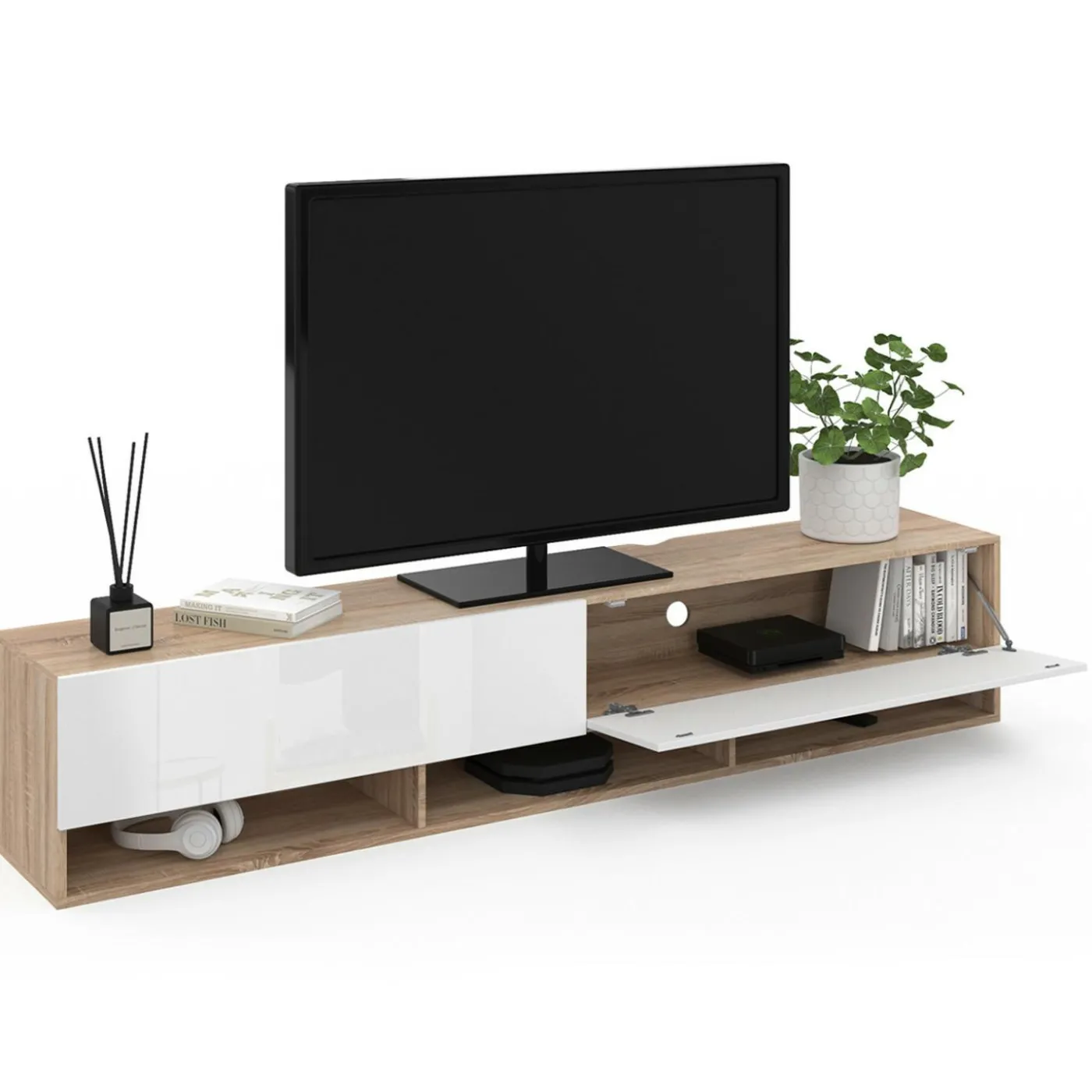 Meuble TV suspendu bois et blanc 180 cm avec étagères