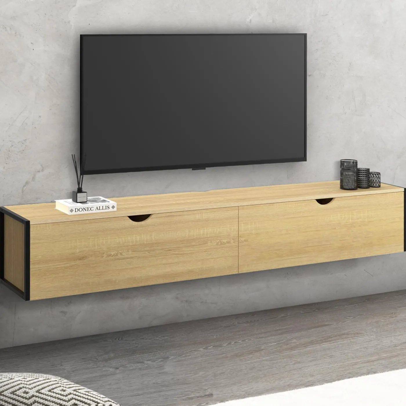 Meuble TV suspendu industriel 180 cm avec 2 portes