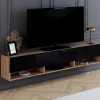 Meuble TV suspendu noir et bois 180 cm avec étagères