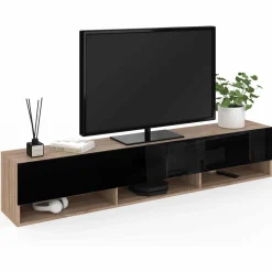 Meuble TV suspendu noir et bois 180 cm avec étagères