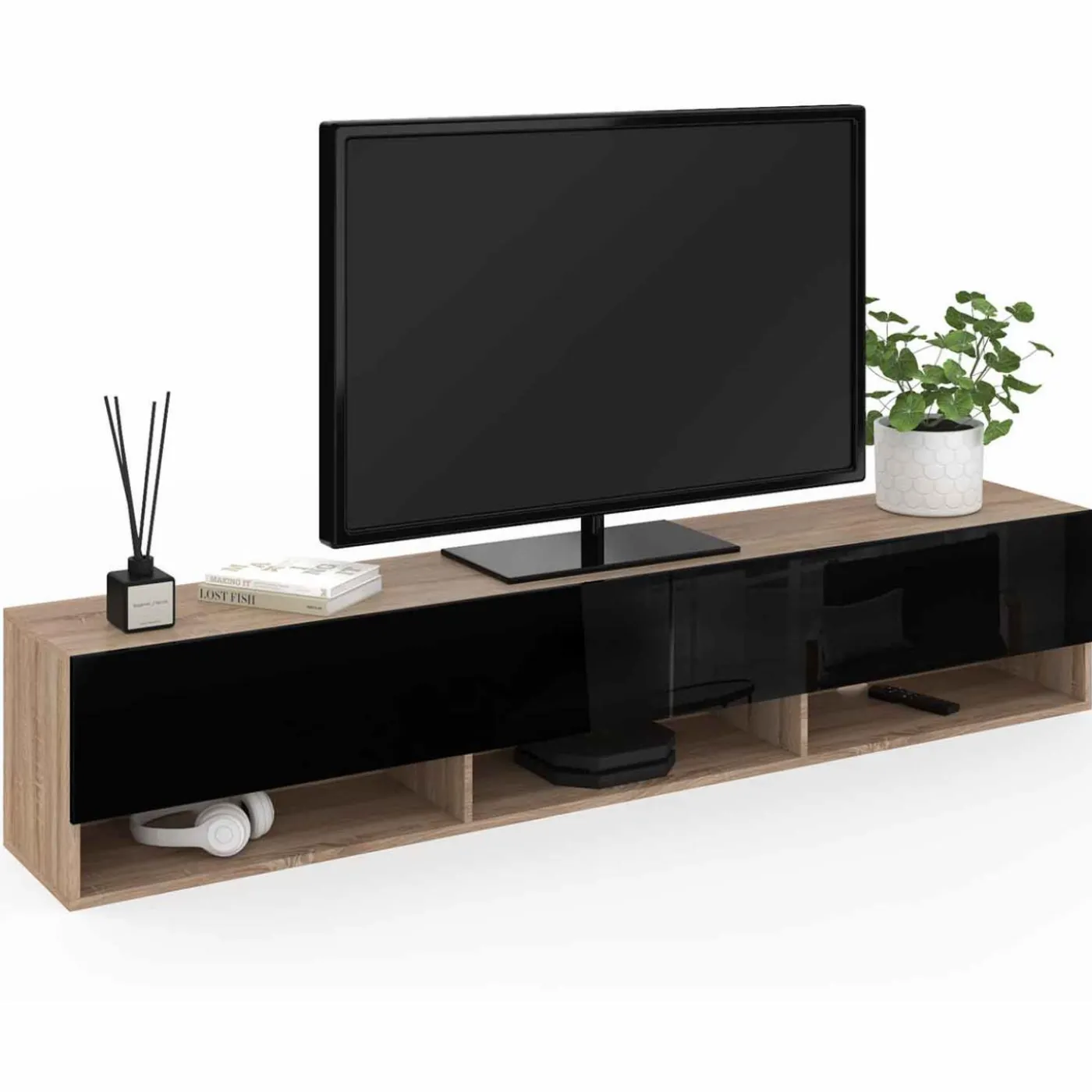 Meuble TV suspendu noir et bois 180 cm avec étagères