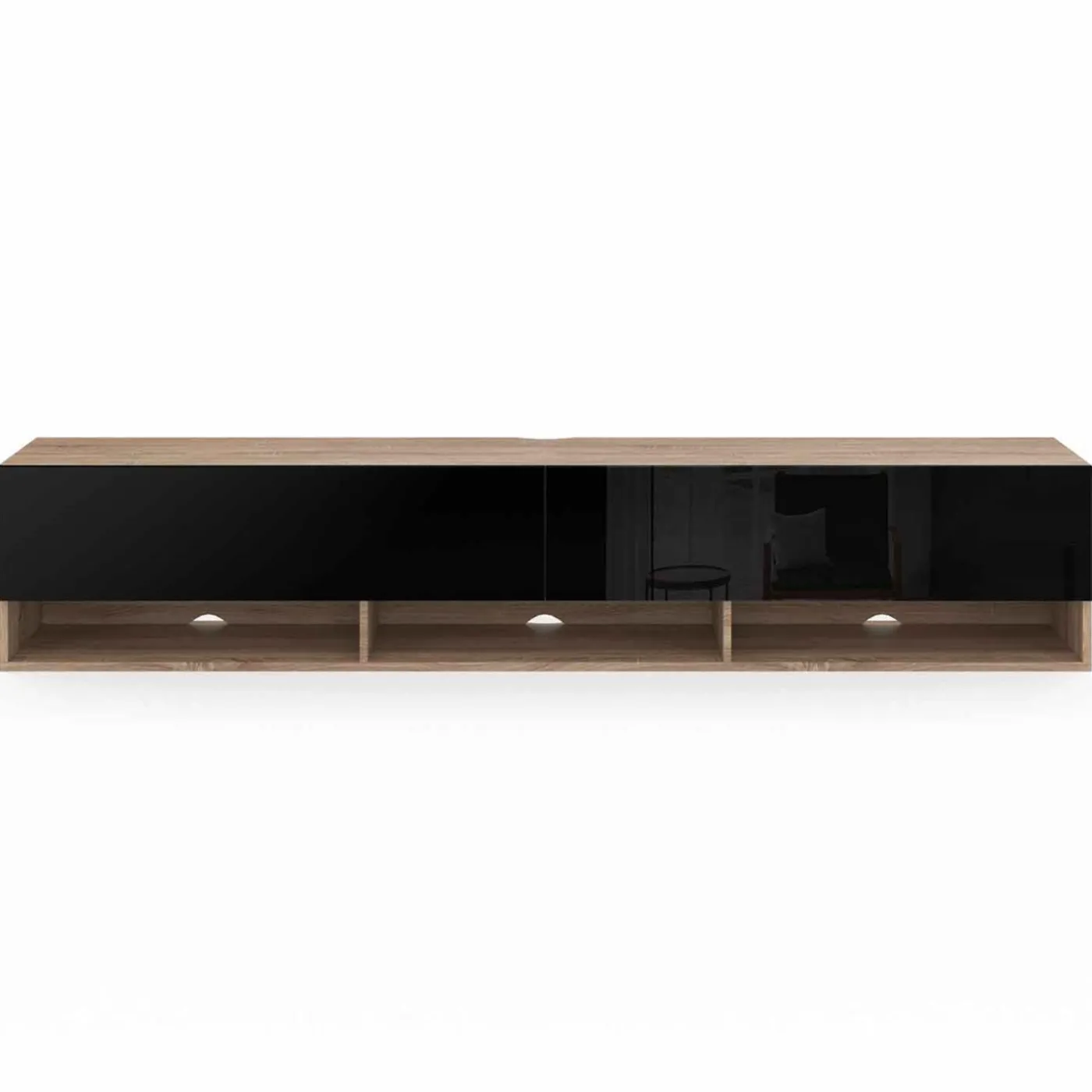 Meuble TV suspendu noir et bois 180 cm avec étagères