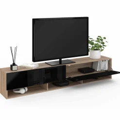 Meuble TV suspendu noir et bois 180 cm avec étagères