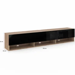 Meuble TV suspendu noir et bois 180 cm avec étagères
