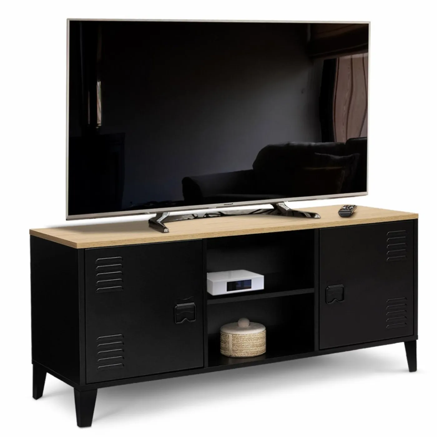 Meuble TV vestiaire portes métal et plateau bois 113 cm