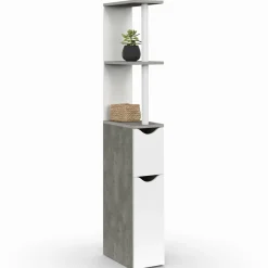 Meuble WC gain de place en bois blanc et effet béton