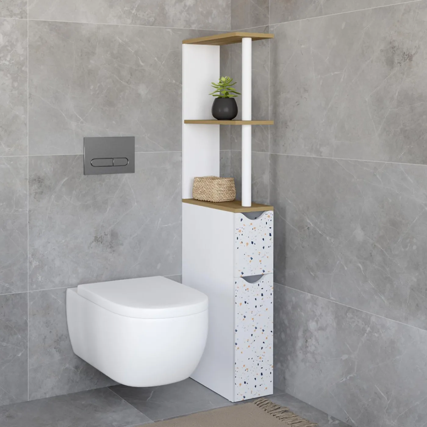 Meuble WC étagère hêtre et motif terrazzo avec 2 portes