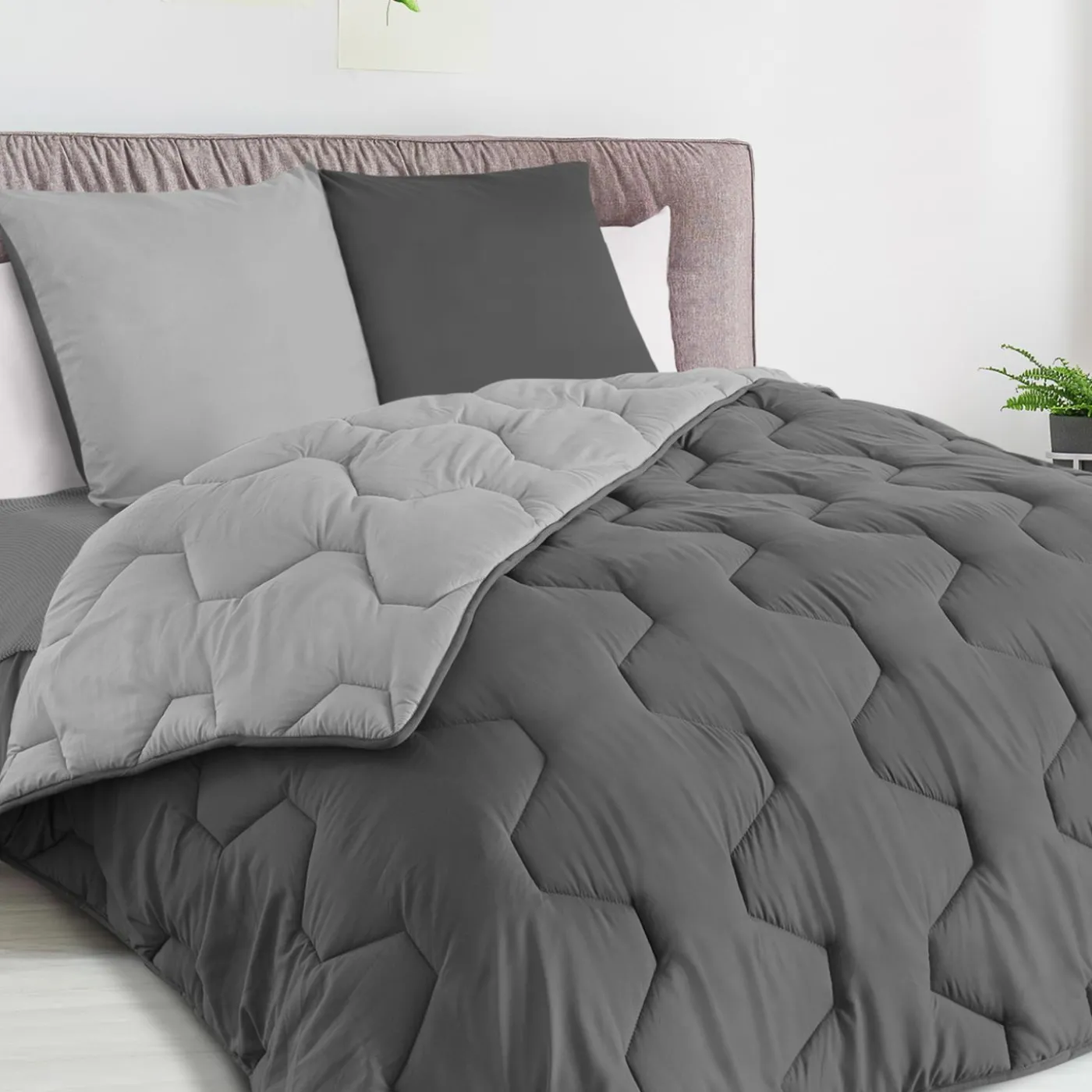 Pack couette oreiller 220x240 cm bicolore gris clair et foncé