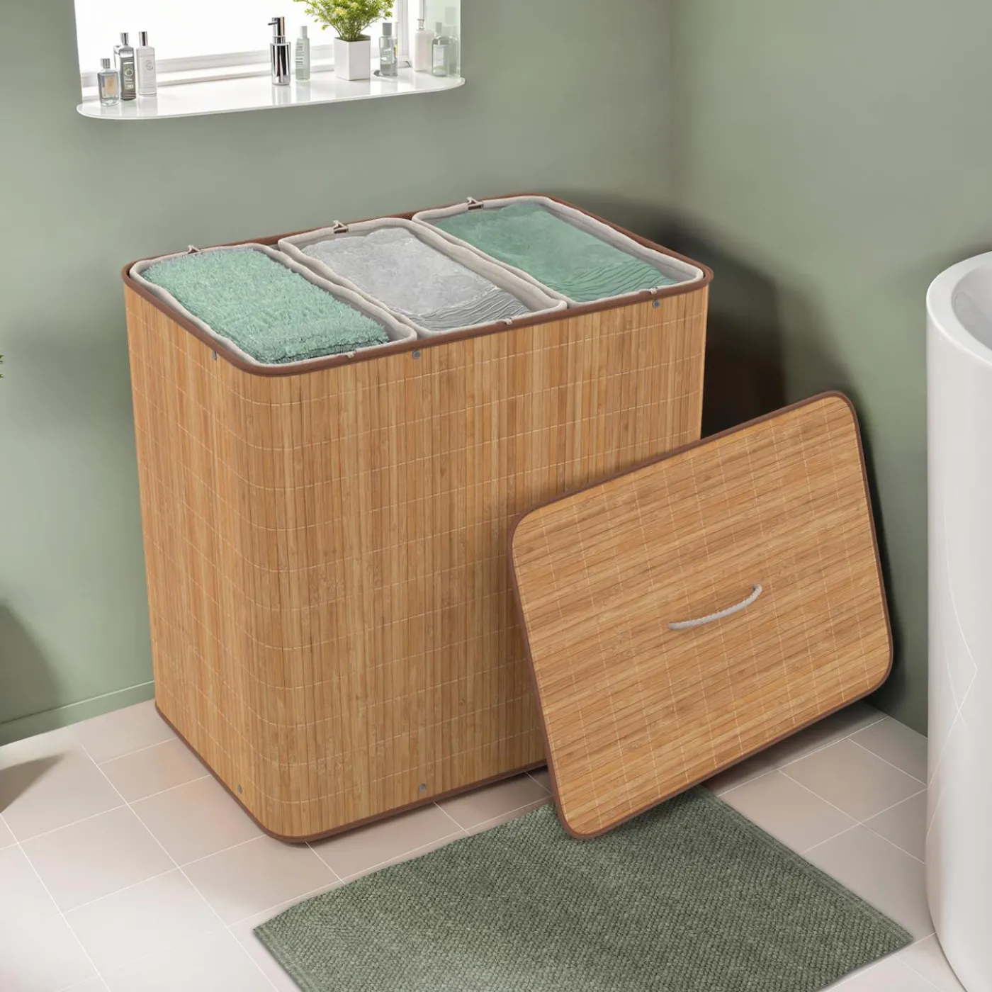 Panier à linge 3 bacs amovibles bambou et tissu