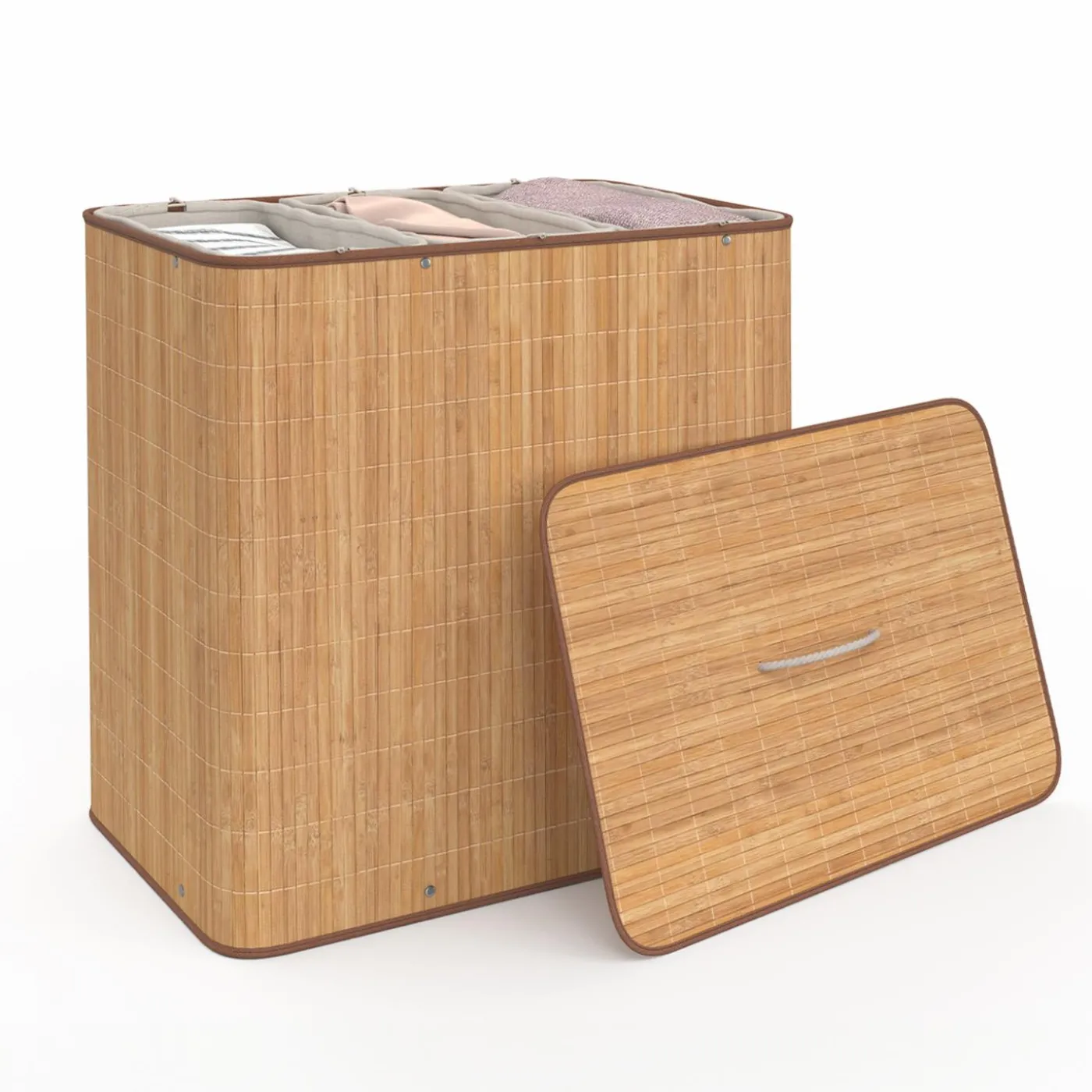 Panier à linge 3 bacs amovibles bambou et tissu