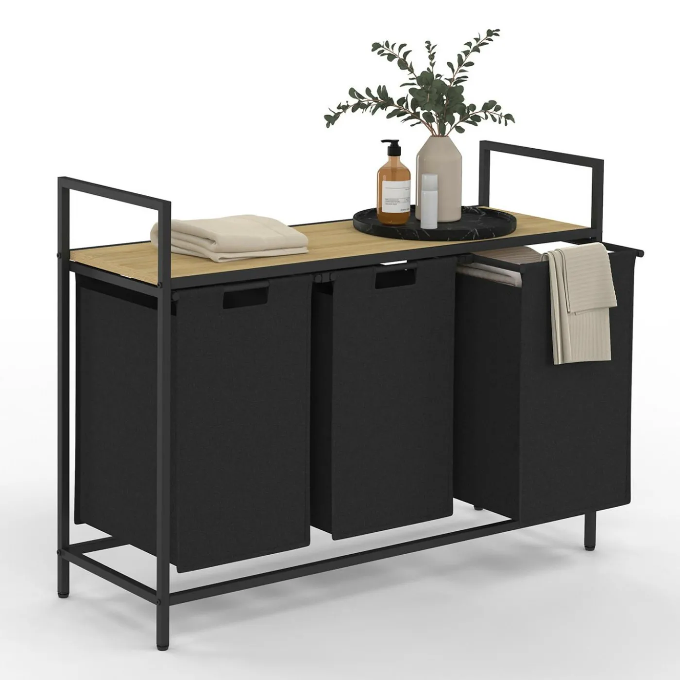 Panier à linge 3 bacs DETROIT tissu noir design industriel