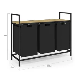 Panier à linge 3 bacs DETROIT tissu noir design industriel