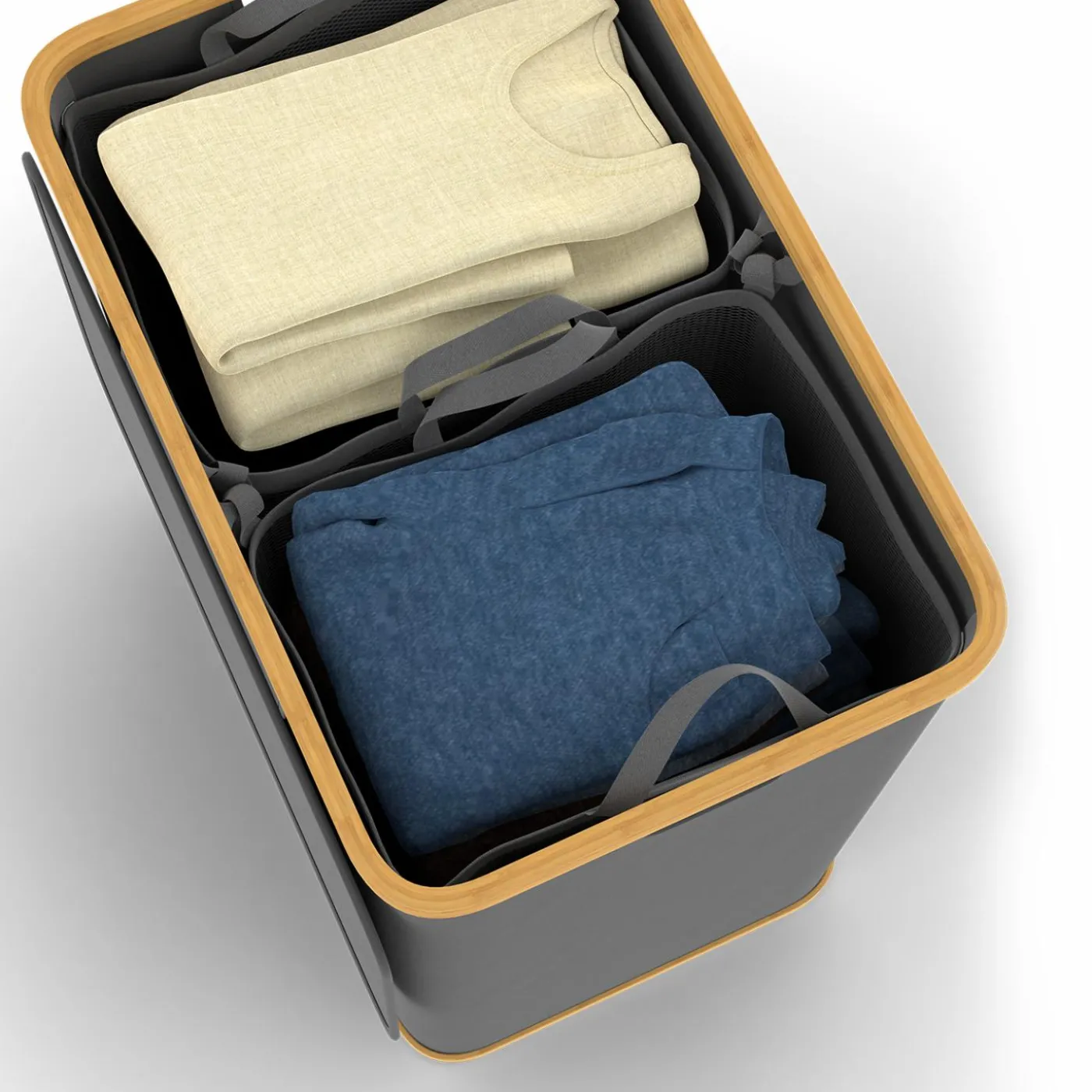 Panier à linge 140L 2 bacs amovibles bambou gris