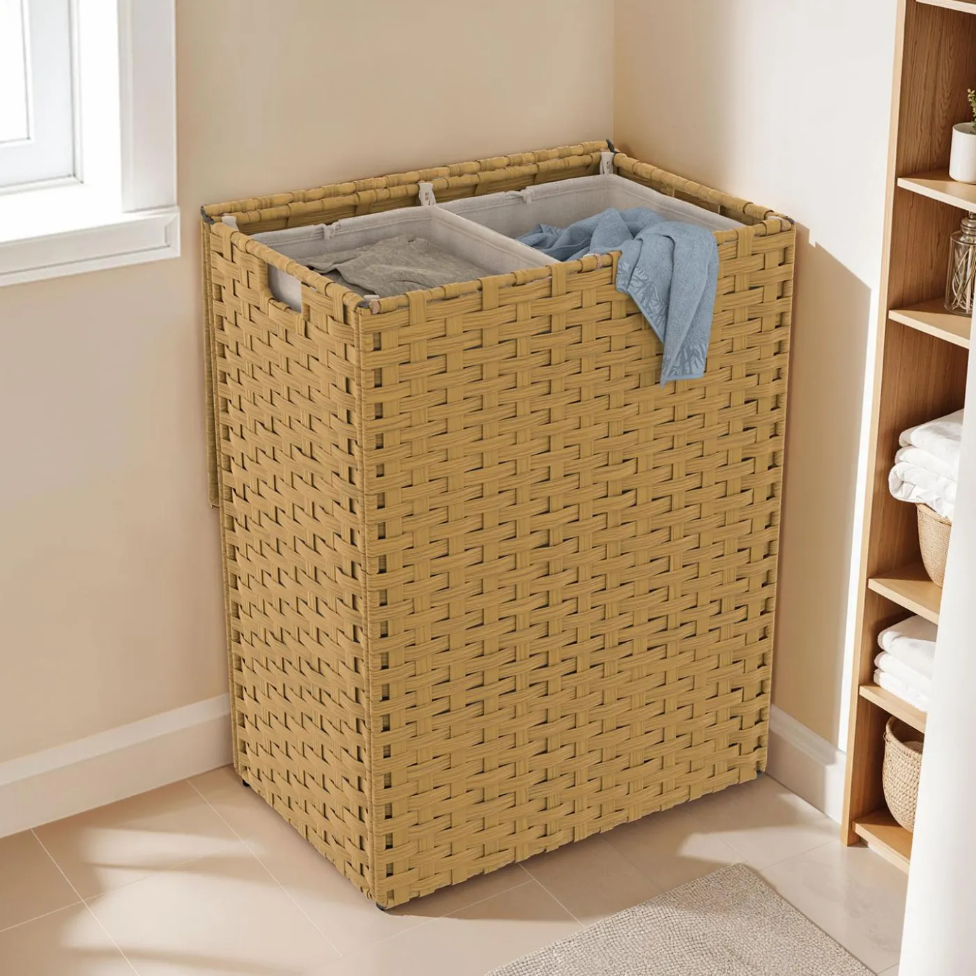 Panier à linge 140L 2 bacs amovibles effet rotin et tissu