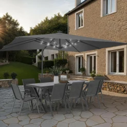 Parasol déporté inclinable 3x4 m rotatif 360 gris avec LED