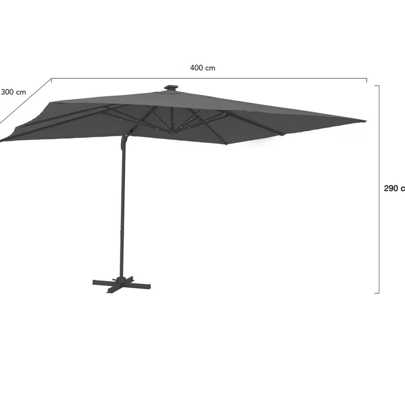 Parasol déporté inclinable 3x4 m rotatif 360 gris avec LED
