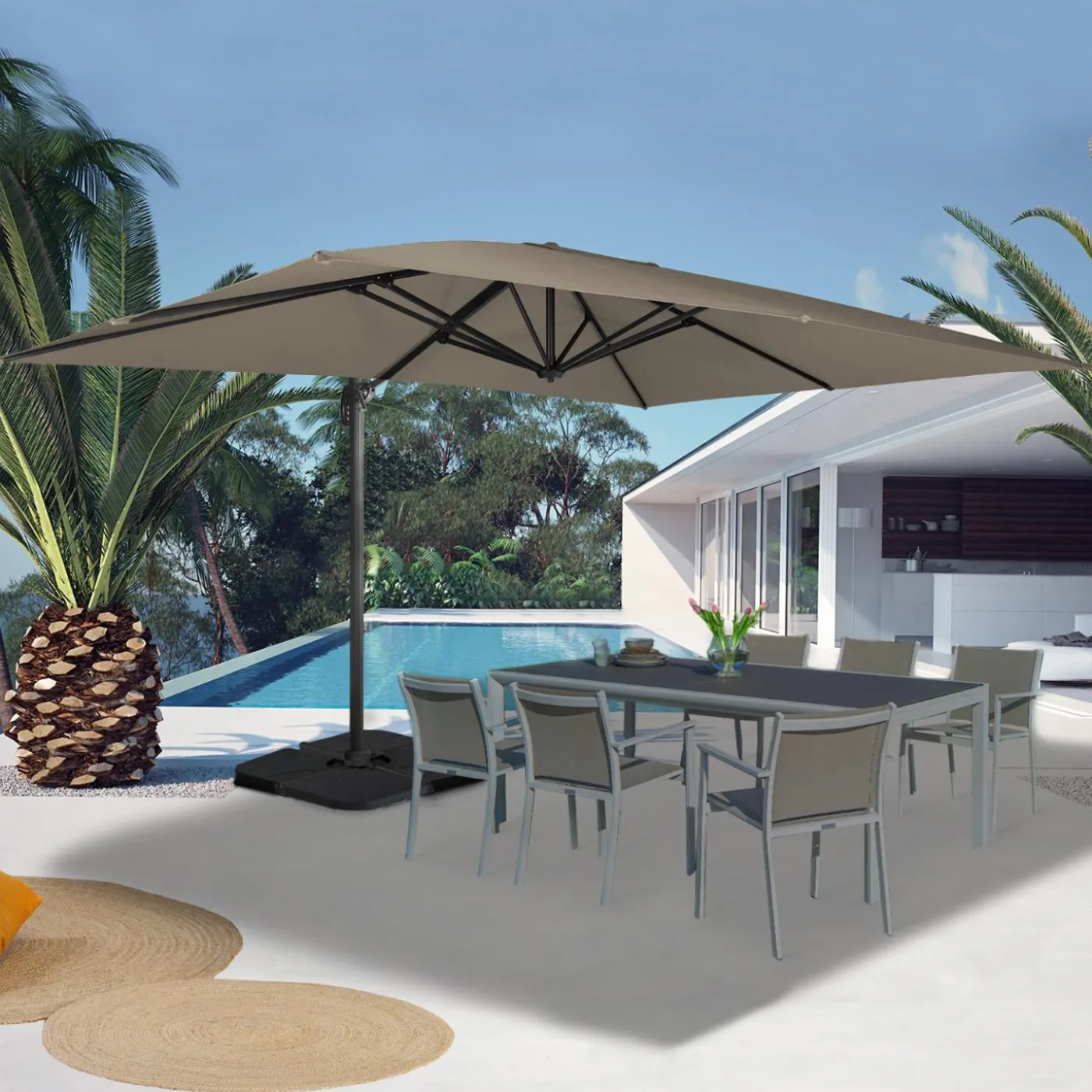 Parasol déporté rotatif 3x4 m taupe "60° avec 4 dalles et housse