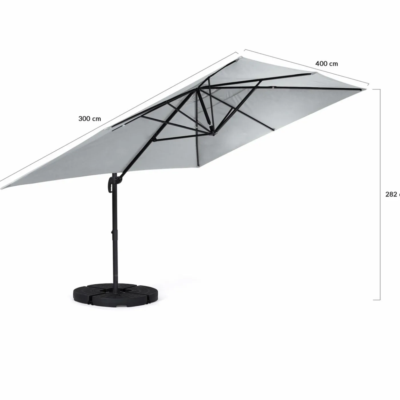 Parasol déporté 3x4 m rotatif 360 gris clair avec 4 dalles