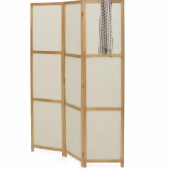 Paravent rétractable intérieur décoratif en bois et tissu beige