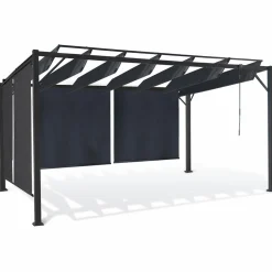 Pergola acier lames orientables avec 4 stores gris 3x3 m