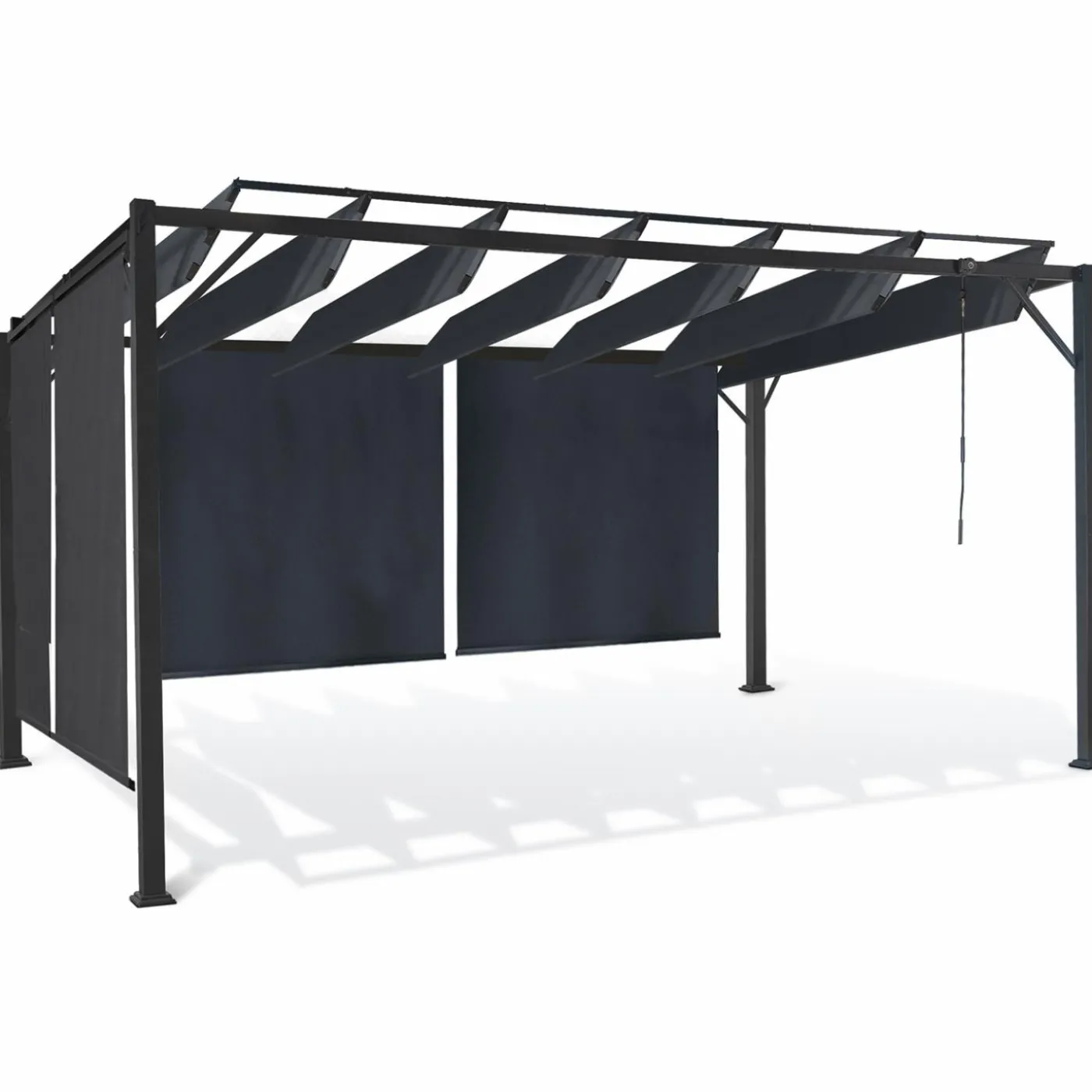 Pergola acier lames orientables avec 4 stores gris 3x3 m