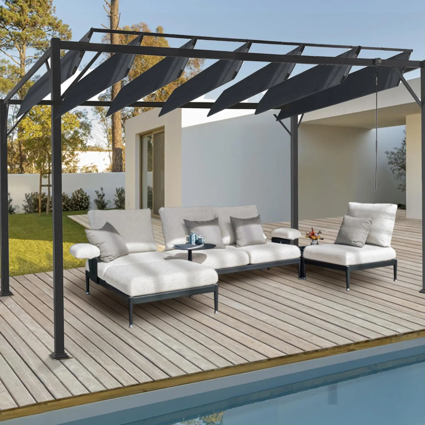 Pergola acier lames orientables avec 4 stores gris 3x3 m