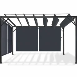 Pergola acier lames orientables avec 4 stores gris 3x3 m