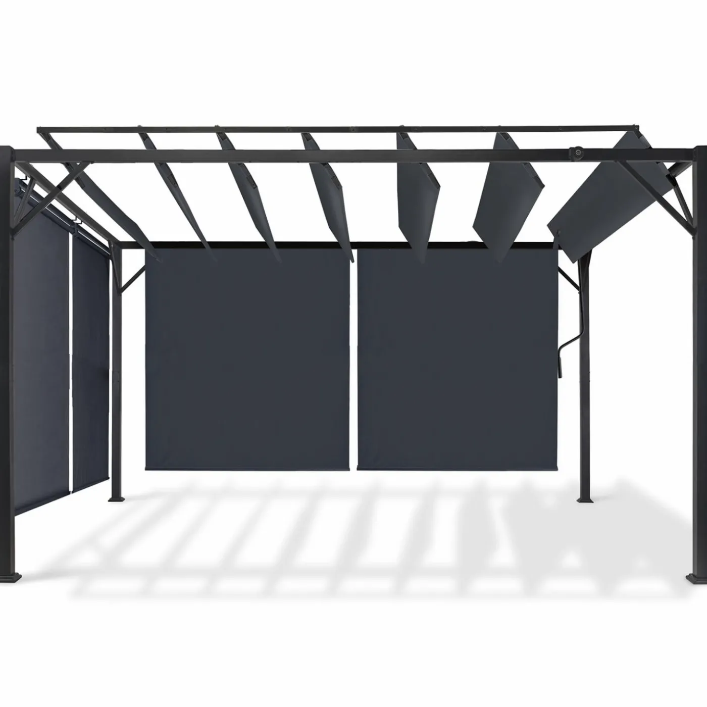Pergola acier lames orientables avec 4 stores gris 3x3 m