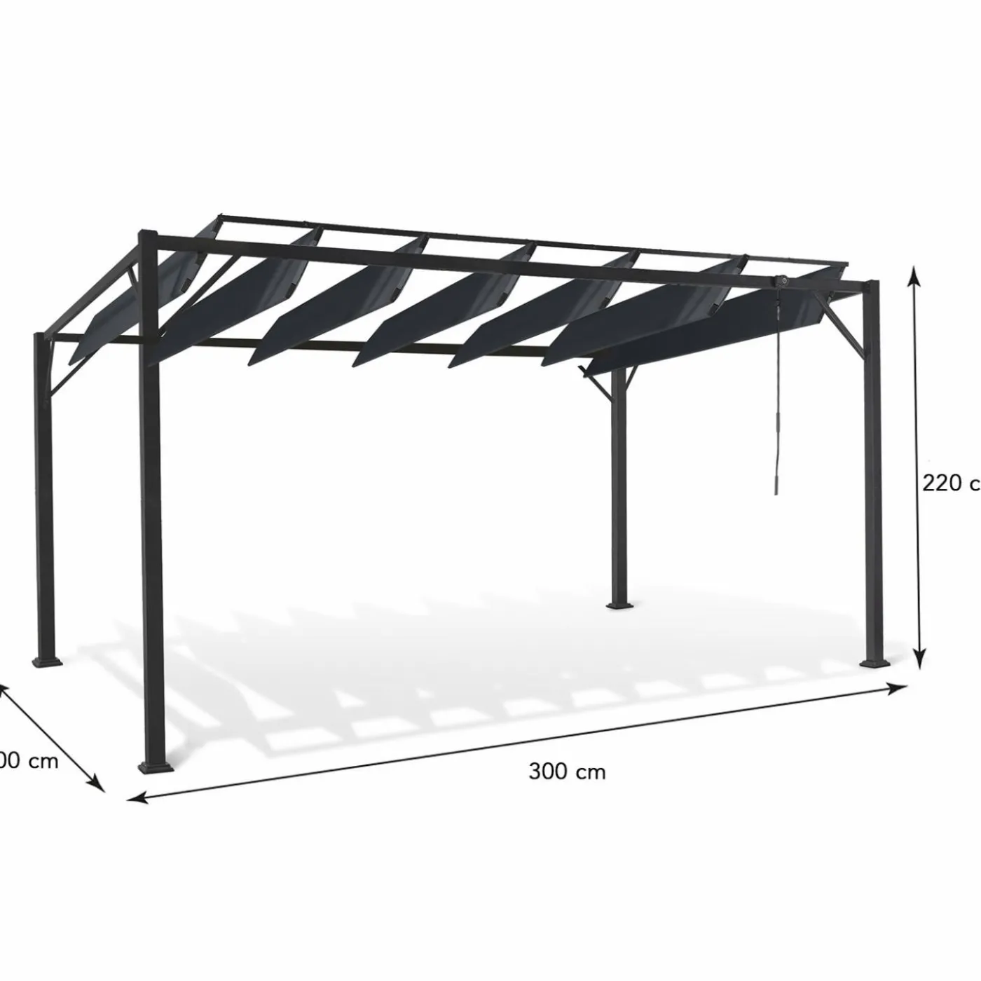 Pergola acier lames orientables avec 4 stores gris 3x3 m