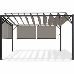 Pergola acier lames orientables 3x4m avec 4 stores taupe