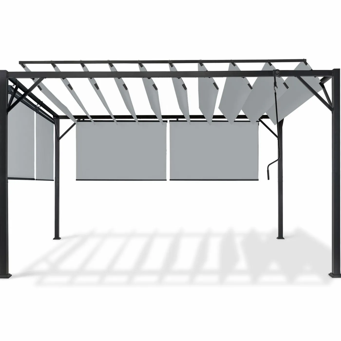Pergola acier lames orientables 3x4 m avec 4 stores gris clair